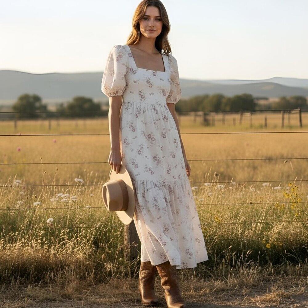 WAYF Whisper Pink Floral Midi Dress Square Neck Puff Sleeve Tie Back M NWT